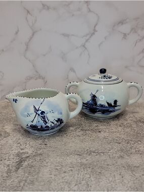 Vintage Delft Blue Creamer and Sugar set windmill
